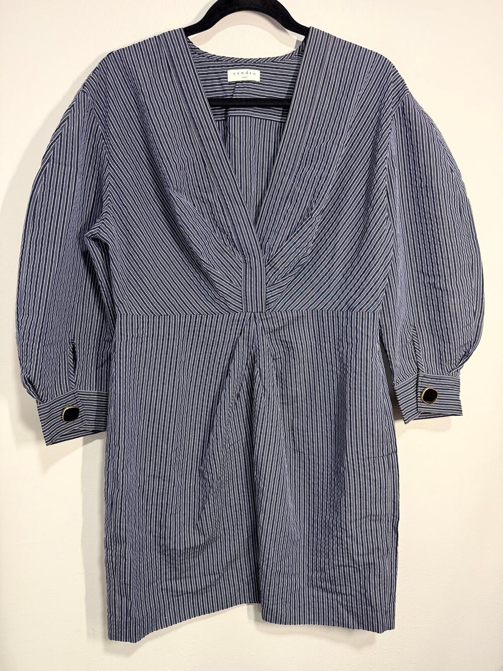 Sandro Navy Blue Striped Cotton Blend Plunge Neck Mini Dress Medium